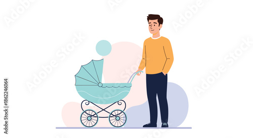 Proud father stands next to a classic light blue baby stroller while walking in a park during a bright and sunny day.
