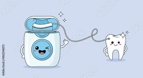 Cute cartoon dental floss container and a sparkling clean tooth character promote good oral hygiene and daily care.