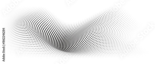 Flowing Wave Dot Halftone Pattern: Curve Gradient Shape on Transparent Background. Suitable for AI, Tech, Network, Digital, Science, and Technology Themes.