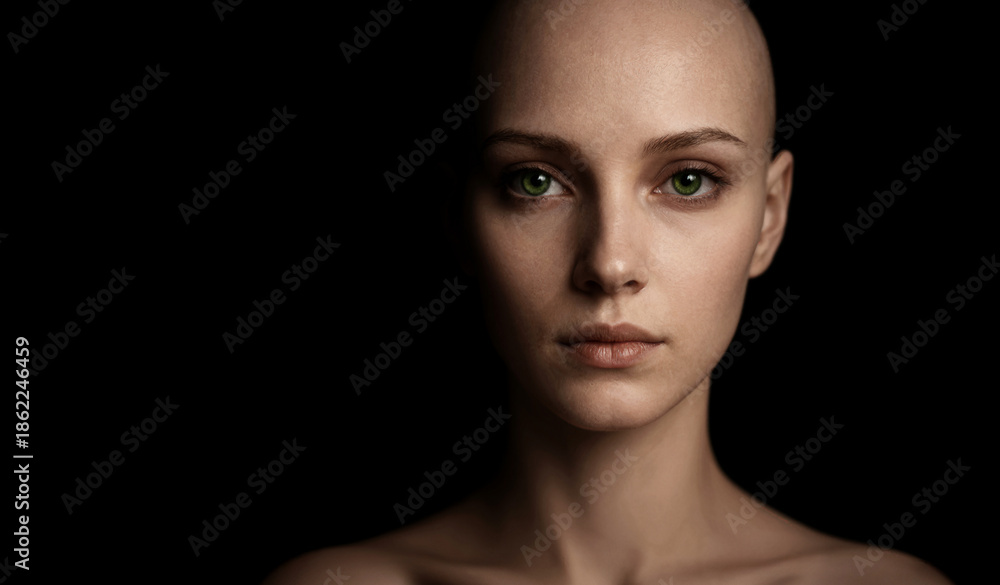 Fototapeta premium Close-up portrait of a woman with shaved head and intense green eyes, neutral expression, dark background