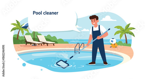 Diligent woman cleaning a blue swimming pool at a resort using a net to keep the water clear for hotel guests.