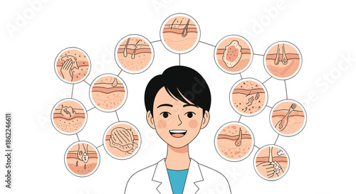 Professional dermatologist explaining various skin conditions with diagrams and magnified views of skin layers to a patient.