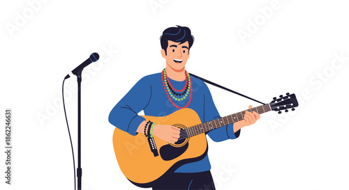 Talented male musician playing an acoustic guitar and singing into a professional microphone on a stand for a performance.