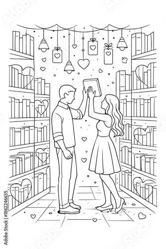 Couple celebrating love and literature in a romantic bookstore