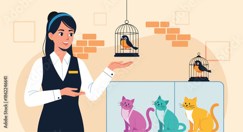 Pet shop worker showing a colorful bird in a cage while several cats are displayed in glass enclosures waiting for adoption.