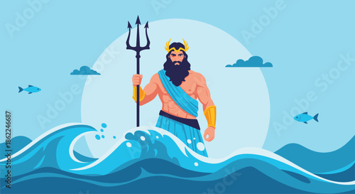 Powerful Greek god Poseidon standing in the ocean waves holding a trident with a large sun and clouds in the background.