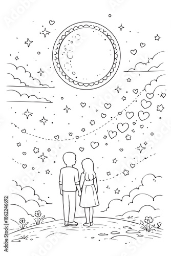 Couple gazing at moonlit night sky with hearts and stars