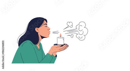 Young woman blowing out a candle on a holder with visible puffs of air representing a wish or a special celebration.