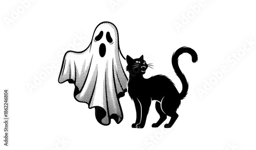Halftone ghost and hissing black cat Halloween vector isolated on white