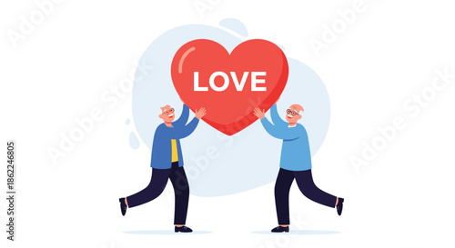 Two happy elderly men carrying a large red heart with the word Love written on it during a joyful celebration of affection.