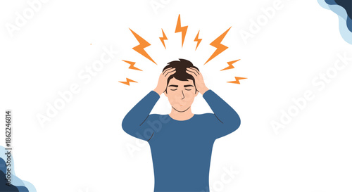 Man suffering from a severe headache or migraine with orange lightning symbols around his head representing intense pain.