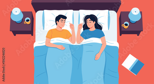 Happy young couple sleeping peacefully together in a large bed in a cozy bedroom with bedside lamps and warm colors.