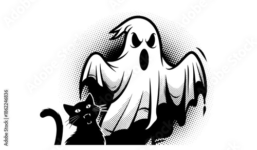 Comic style halftone ghost and hissing black cat Halloween vector on white