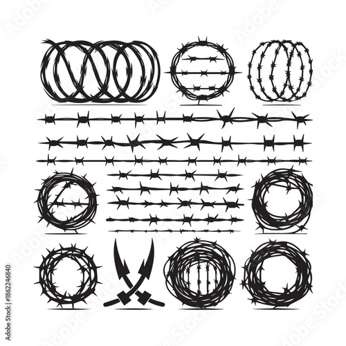 Collection of various barbed wire illustrations and symbols