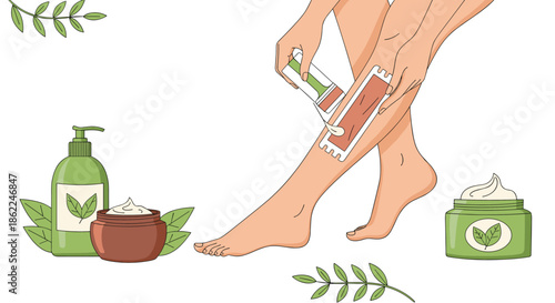 Woman applying wax to her legs for hair removal with various organic skincare products and creams in the background.