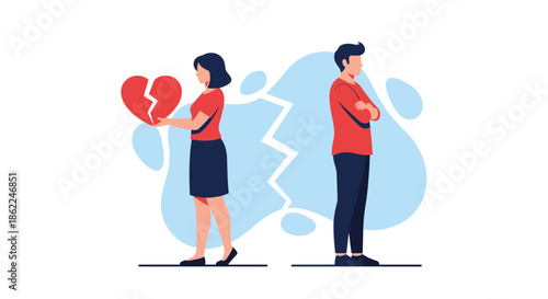 Sad couple standing back to back with a large broken red heart representing a breakup or serious relationship problems.
