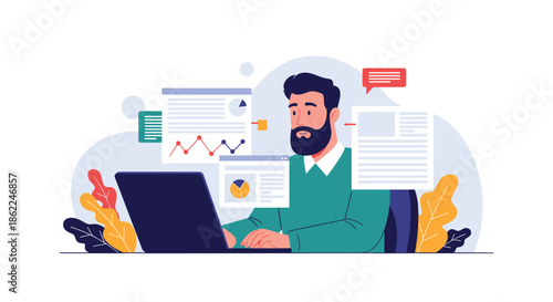 Busy man with a beard working on a laptop with various data charts and graphs floating around him in a modern office.