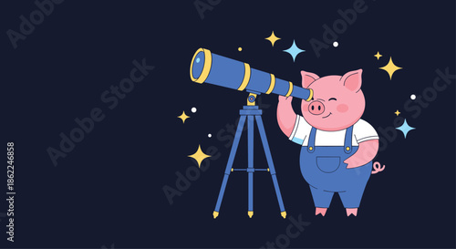 Cute little pig wearing blue overalls looking through a large blue telescope at the bright stars in the dark night sky.