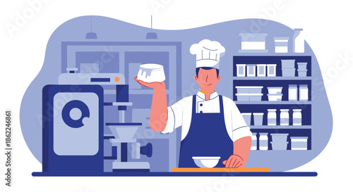 Professional chef in a kitchen holding up a white dessert while standing near shelves of various ingredients and equipment.