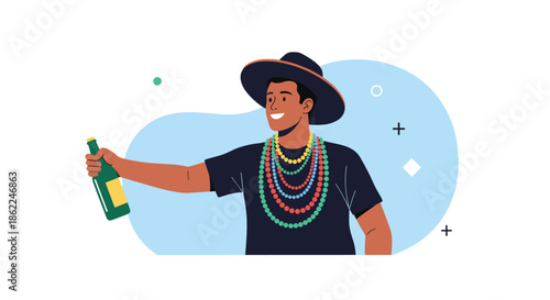 Happy man wearing a stylish hat and several colorful necklaces holding a bottle of sparkling wine during a festive party.