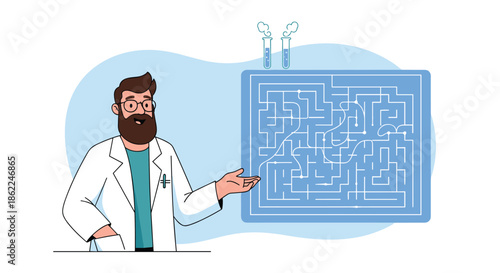 Professional scientist or doctor in a white coat explaining a complex maze or labyrinth on a blue board with test tubes.