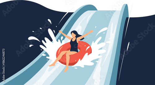 Excited woman sliding down a steep water slide on a red inflatable ring with huge water splashes in a fun aquatic park.