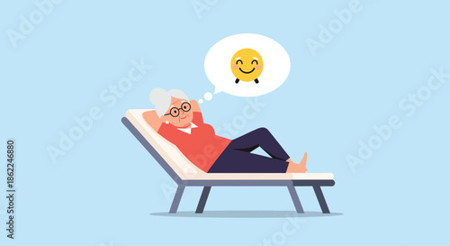 Happy senior woman relaxing on a lounge chair and dreaming of a bright smiley face during a peaceful vacation at the beach.
