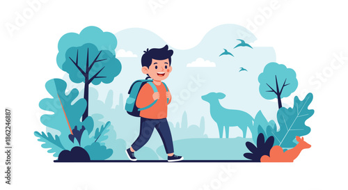 Happy young boy with a blue backpack hiking in a lush forest with trees and birds as part of an outdoor adventure.