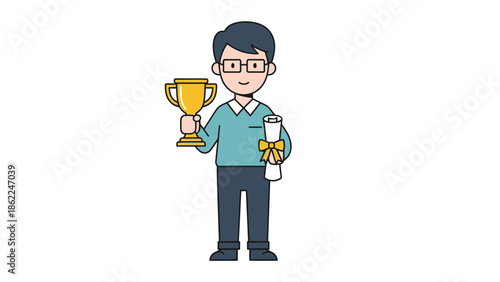 Man Holding Trophy and Medal