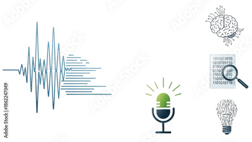 Audio waveform and microphone icons with brain and lightbulb representing speech technology and data