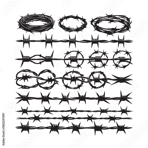 Collection of various barbed wire illustrations and symbols