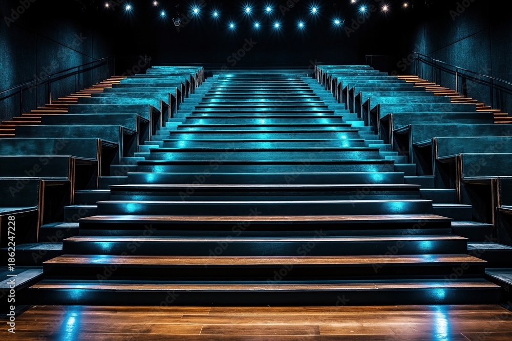 Obraz premium An empty cinema with blue and teal lighting showing steps leading to rows of seats with wooden frames for movie watching atmosphere