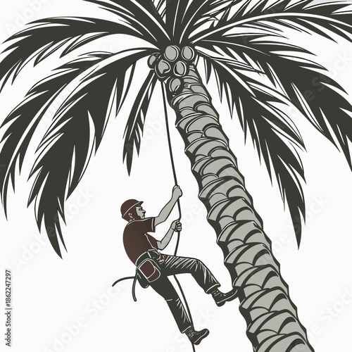 A vintage style illustration depicts a person skillfully climbing a tall palm tree with a rope and harness for harvesting