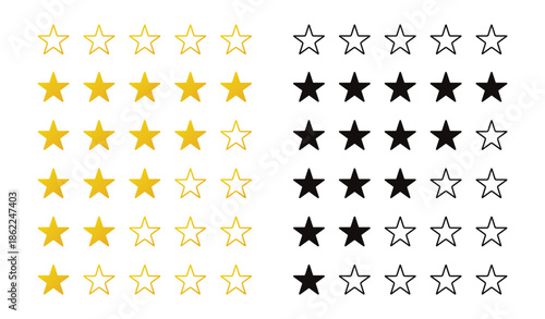 Star rate icons vector set. Star rate flat yellow and black style.