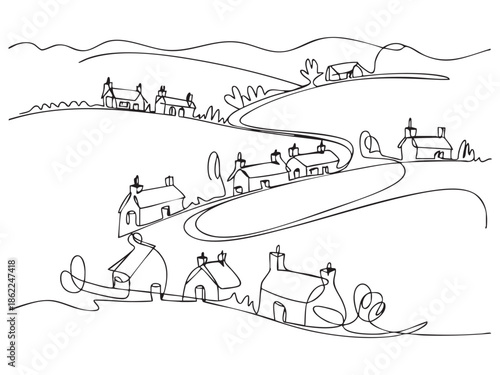 Houses in the mountains Landscape one line drawing