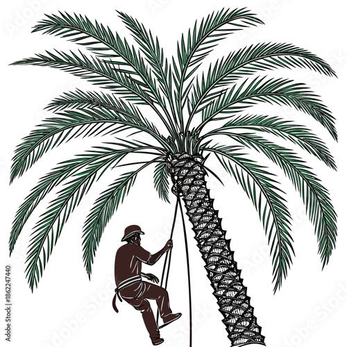 a vintage style illustration depicts a man climbing a tall palm tree with lush green fronds showcasing a rural scene