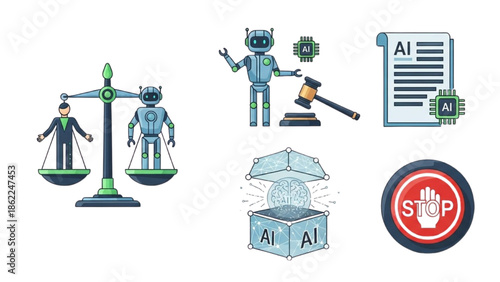 Artificial Intelligence Regulation, Justice, and Ethical Considerations Icons Set