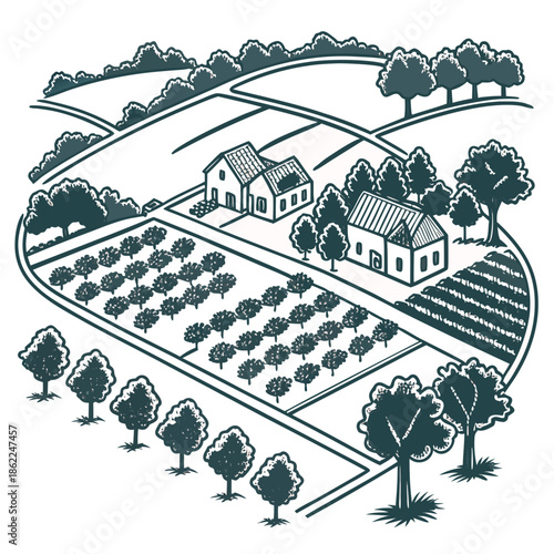 a detailed illustration showcases a quaint farmhouse nestled amidst lush fields orchards and rolling hills depicting a peaceful rural landscape