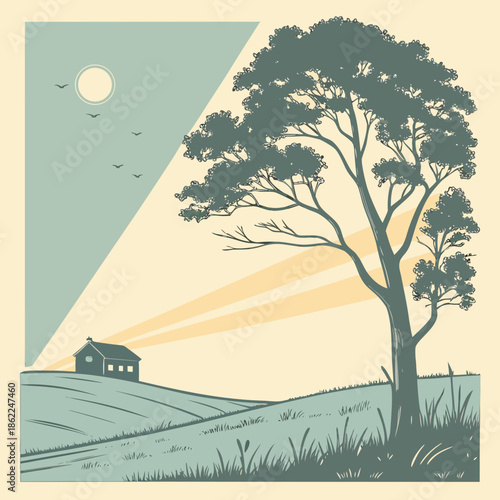 a serene landscape depicts a silhouetted tree a small house and a softly glowing moon amidst a pastel colored sky