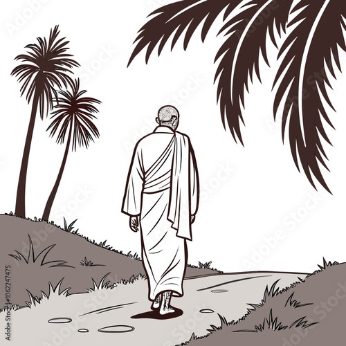 a solitary monk walks along a dusty path beneath the shade of swaying palm trees embodying peace and serenity