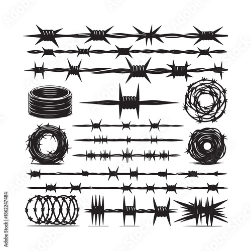 Collection of various barbed wire illustrations and symbols