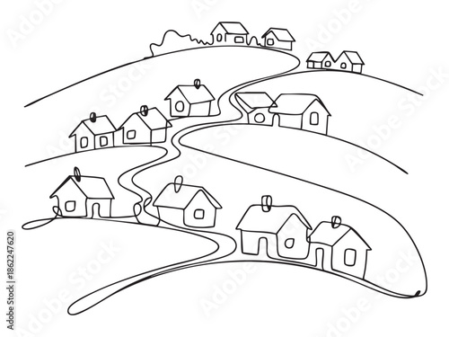 Houses in the mountains Landscape one line drawing