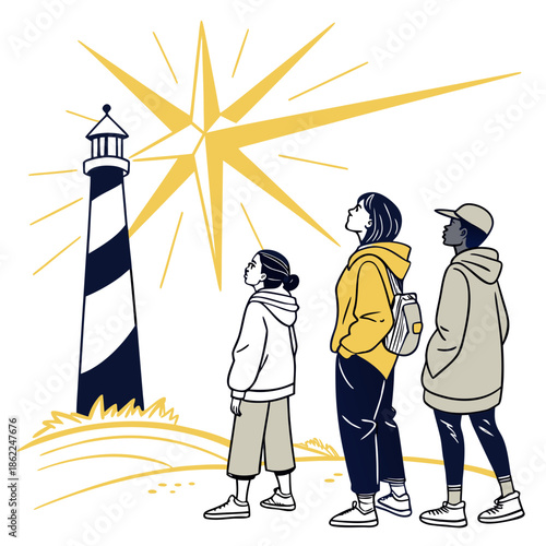 A charming illustration depicts a lighthouse a radiant starburst and three people gazing towards the horizon with hopeful anticipation