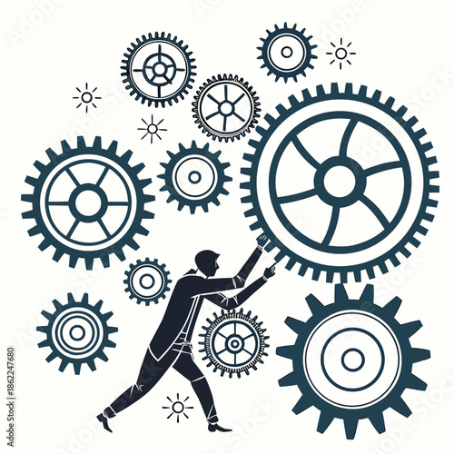 A silhouetted figure diligently pushes a large gear amidst a complex arrangement of interconnected mechanical components and rotating cogs