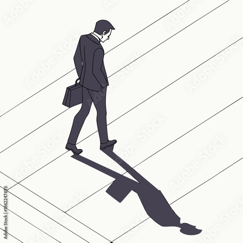 a lone businessman walks forward with a briefcase casting a distorted shadow on striped linear surfaces suggesting complexity high quality