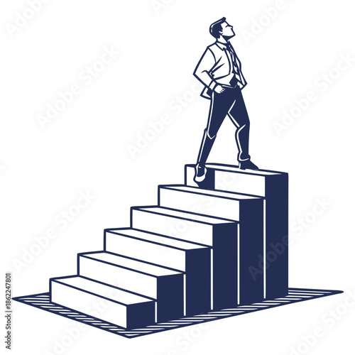 A confident businessman is ascending a flight of stairs symbolizing progress and achievement in a professional setting with determination