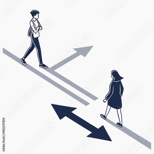 A graphic illustration depicts two individuals walking in opposite directions along diverging paths symbolized by directional arrows high quality professional