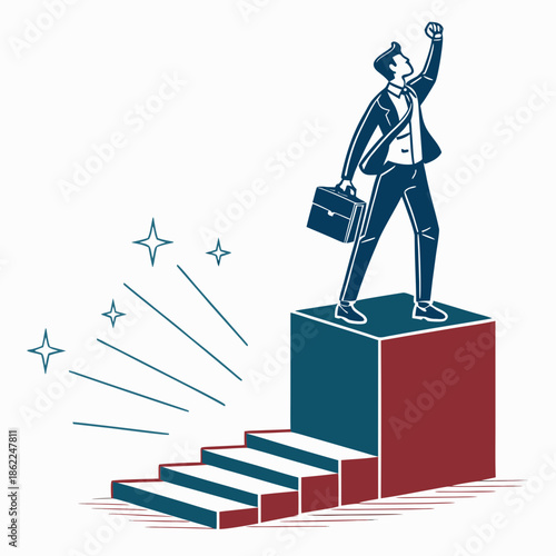 A businessman stands triumphantly atop a pedestal raising his fist in celebration of success and achievement surrounded by glowing stars