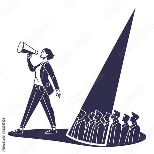 a woman in a suit using a megaphone addresses a crowd of silhouetted people illuminated by a spotlight s beam