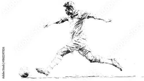 Soccer Player Kicking Ball in Motion Isolated on White Background